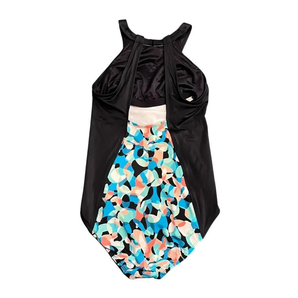 Lands End One Piece Swimsuit Colorful Patterned Bathing Suit Black Blue size 6L